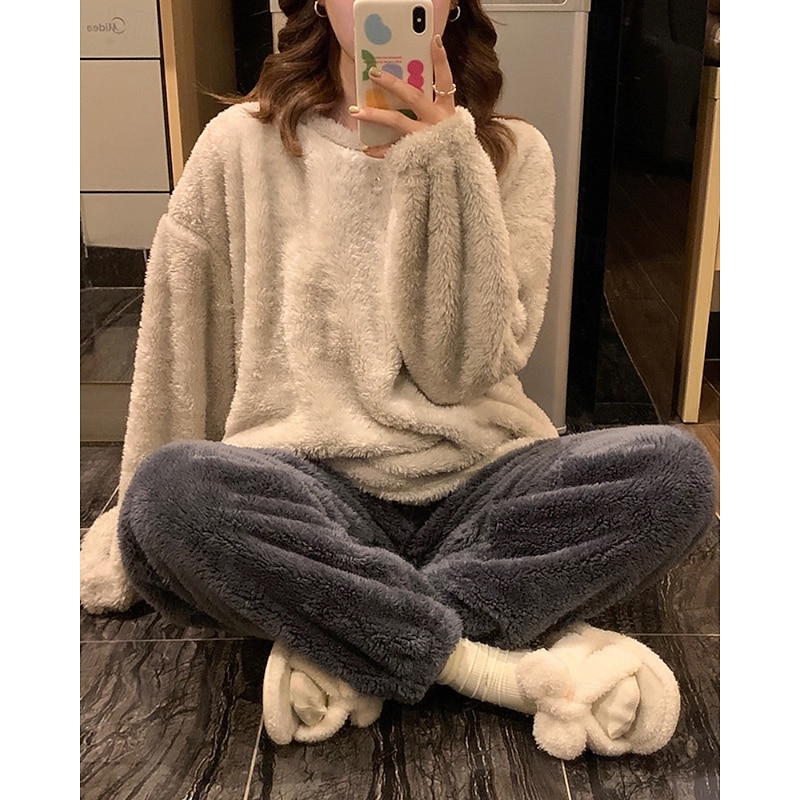Women's Pajamas Loungewear Casual Patchwork Elastic Waist Pant Vacation Home Bed Long Sleeve Crew Neck Black Red Purple Beige Gray Fall Winter Tailored Fit