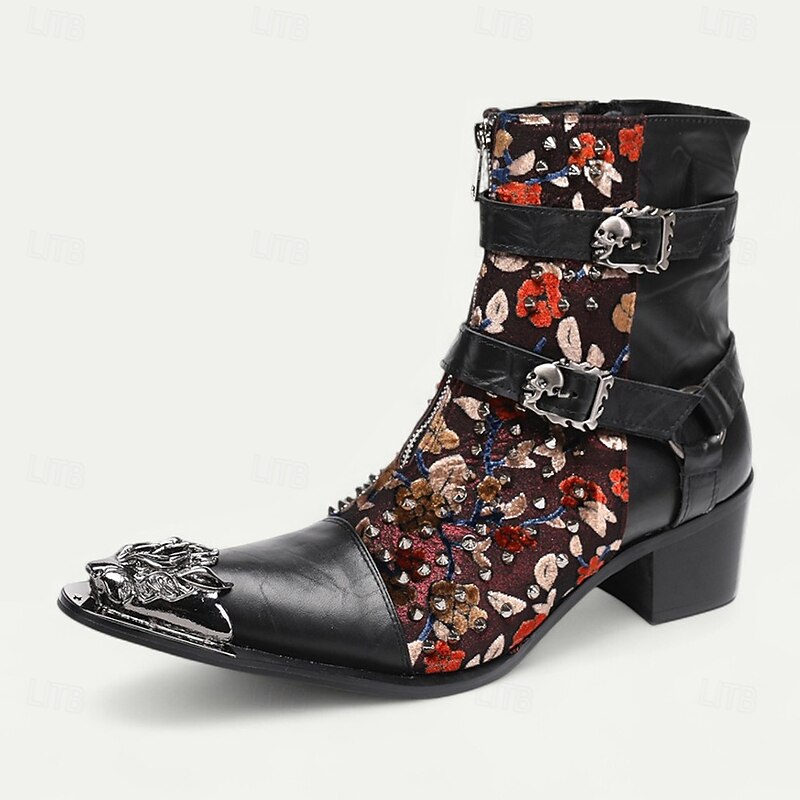 Men's Black Floral Embroidered Ankle Boots – Genuine Leather Western Cowboy Style with Buckle Straps for Parties, Stage Performances and Nightlife3