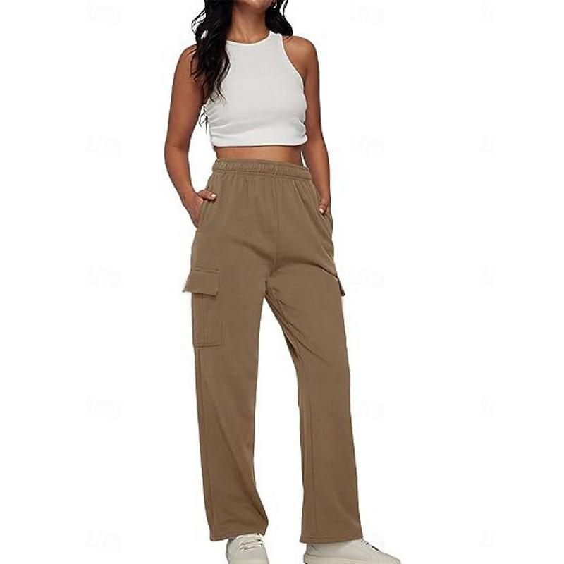 Women's Cargo Pants Chinos Fashion Streetwear Casual Full Length High Waist Plain Pocket Elastic Waistband Comfy Soft Comfortable Micro-elastic Outdoor Street Dark Brown Dark Grey Black White Spring2