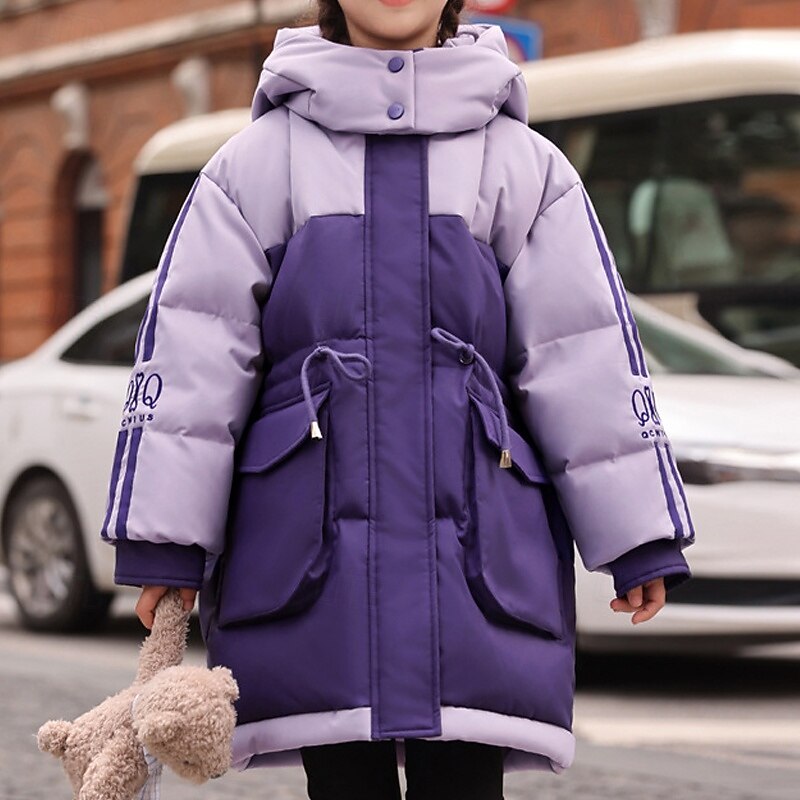 Kids Girls' Down Jacket Outdoor Jacket Puffer Jacket Color Block Fashion Waterproof Keep Warm Windproof Outdoor Coat Outerwear 4-12 Years Fall Pink Purple Khaki4