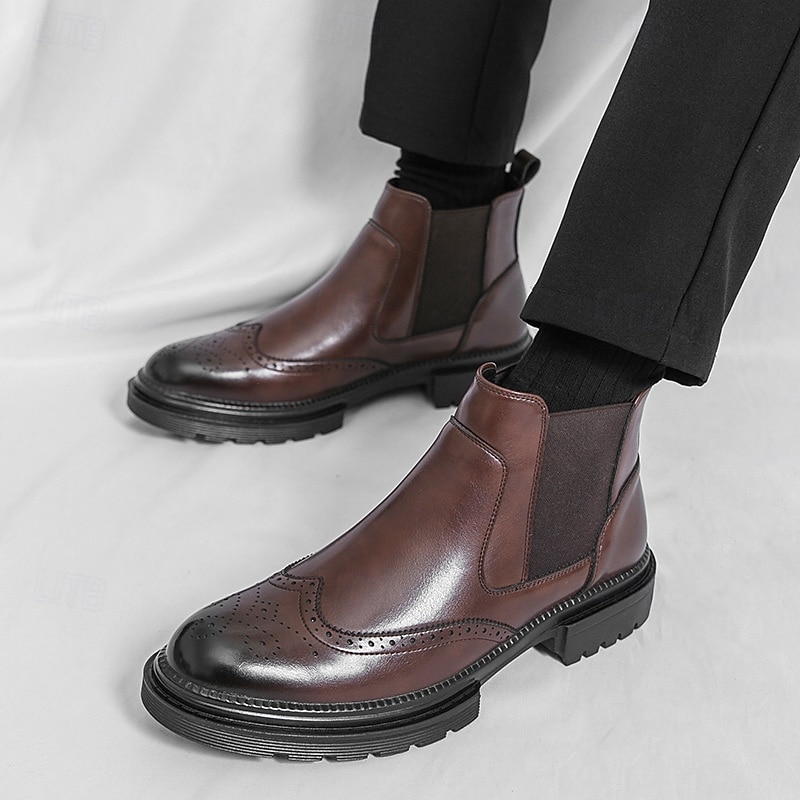 Men's Brown Wingtip Chelsea Boots with Brogue Detailing, Elegant Ankle Style for Gentlemen, Perfect for Business, Weddings and Formal Occasions2