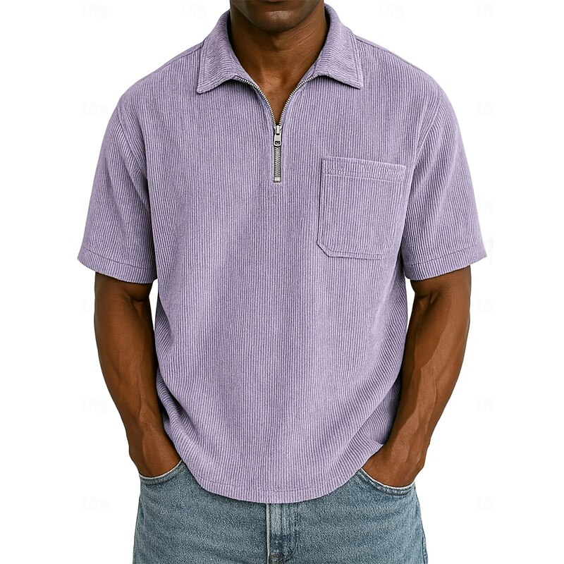 Men's Zip Polo Golf Shirt Casual Holiday Lapel Quarter Zip Short Sleeve Fashion Basic Plain Textured Quarter Zip Corduroy Summer Spring Regular Fit Light Blue Army Green Dark Brown Black Purple khaki