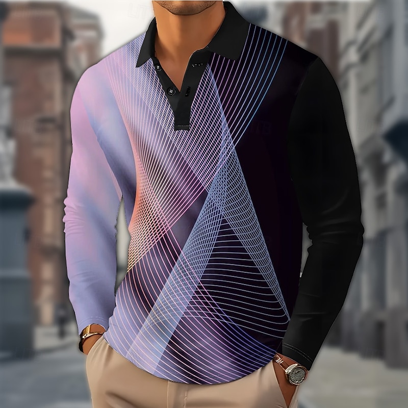 Men's Geometric Line Polo Long Sleeve Polo Shirts Lapel Casual Outdoor Street Athleisure Daily Wear 3D Print Buttons Spring Fall Winter Blue Purple Green3