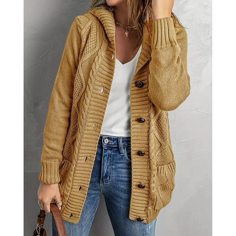 Women's Sweater Cardigan Streetwear Casual Solid Color Hooded Buttons Knitted Long Sleeve Regular Tops Knit Daily Holiday Weekend Wine Red Black Fall Winter4