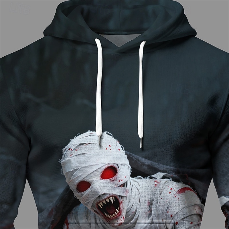 Halloween Men's Monster Hoodie Fashion Daily Hooded Vacation Party Streetwear Dark Gray Drawstring Pocket Printing Fall Winter Designer2
