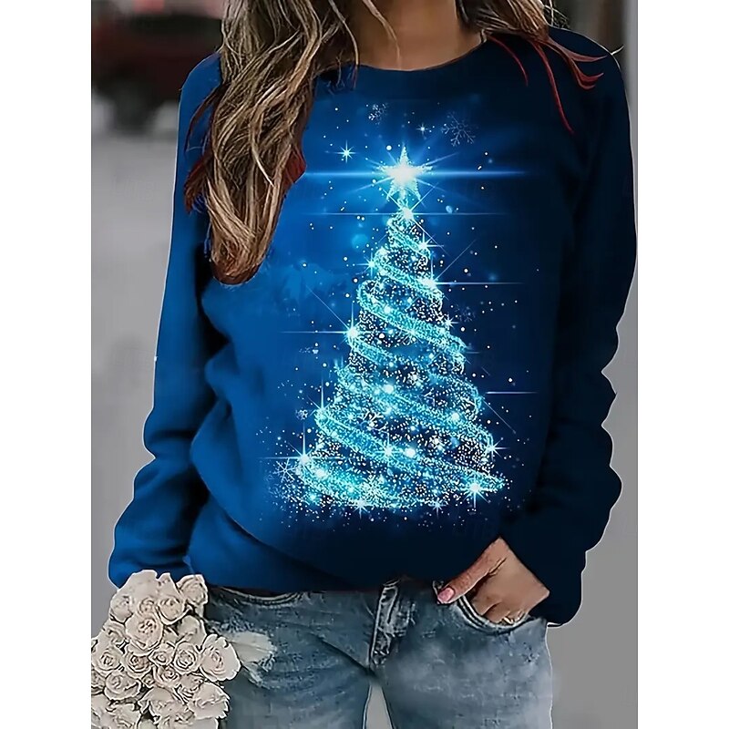 Christmas Women's Pullover Sweatshirt Hoodies Graphic Animal Tree Fashion Casual Long Sleeve Crew Neck Regular Tops Street Dailywear Casual Print Denim Blue Blue Green Spring Fall Winter