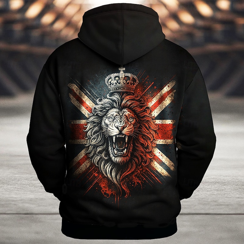 Men's Flag Lion UK Hoodie Sweatshirt Sports Fashion Crew Neck Outdoor Office Streetwear Black Blue Drawstring 3D Fall Winter Designer
