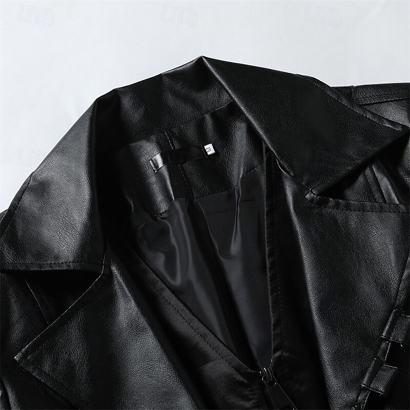 Men's Overcoat Trench Coat Long Trench Coat Vacation Daily Fall Winter Faux Leather Windproof Outerwear Clothing Apparel Fashion Classic Plain Pocket Lapel Single Breasted3