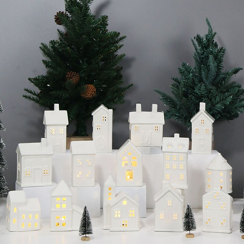 Christmas white ceramic hollow house LED electronic night light indoor living room bedroom kitchen study desktop decoration light ornament light LR44 * 3 battery candle holder prop