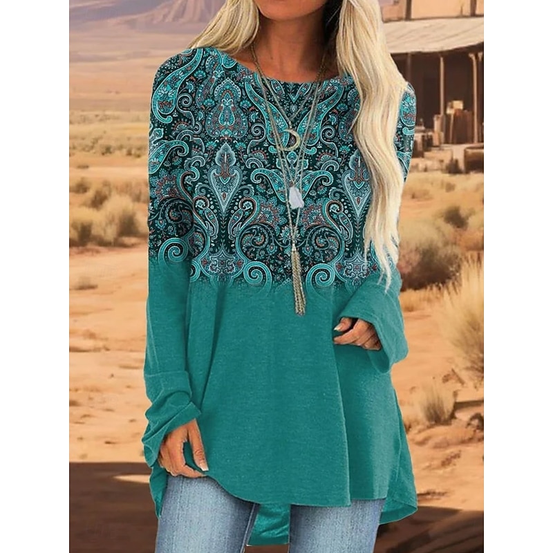 Women's T Shirt Graphic Tribal Vintage Stylish Casual Long Sleeve Crew Neck Long Tops Daily Going out Weekend Print Blue Purple Green Khaki Spring Fall
