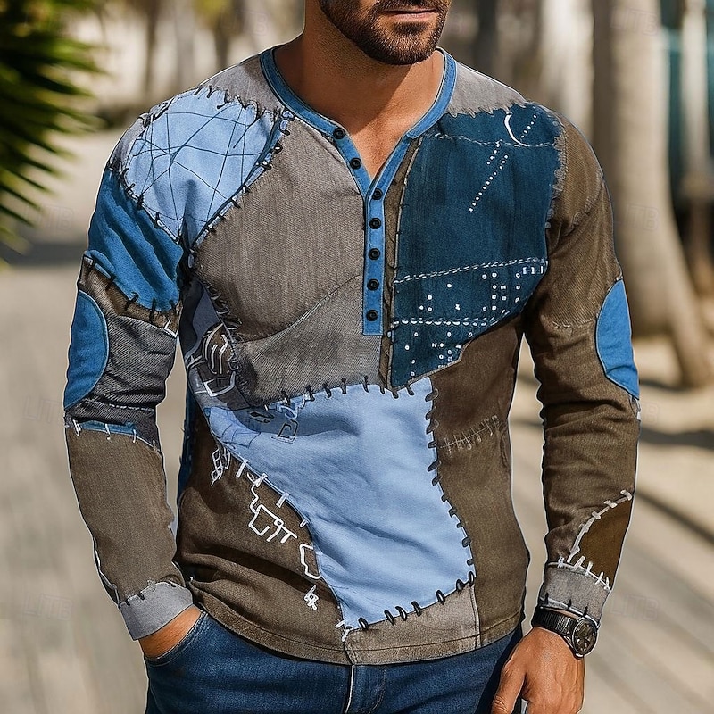 Men's Patchwork T Shirt Henley Shirt Tee Long Sleeve Vintage Designer Stylish Outdoor Casual Daily Fall Spring & Summer Green Blue Purple Coffee Henley Henley T-Shirt4
