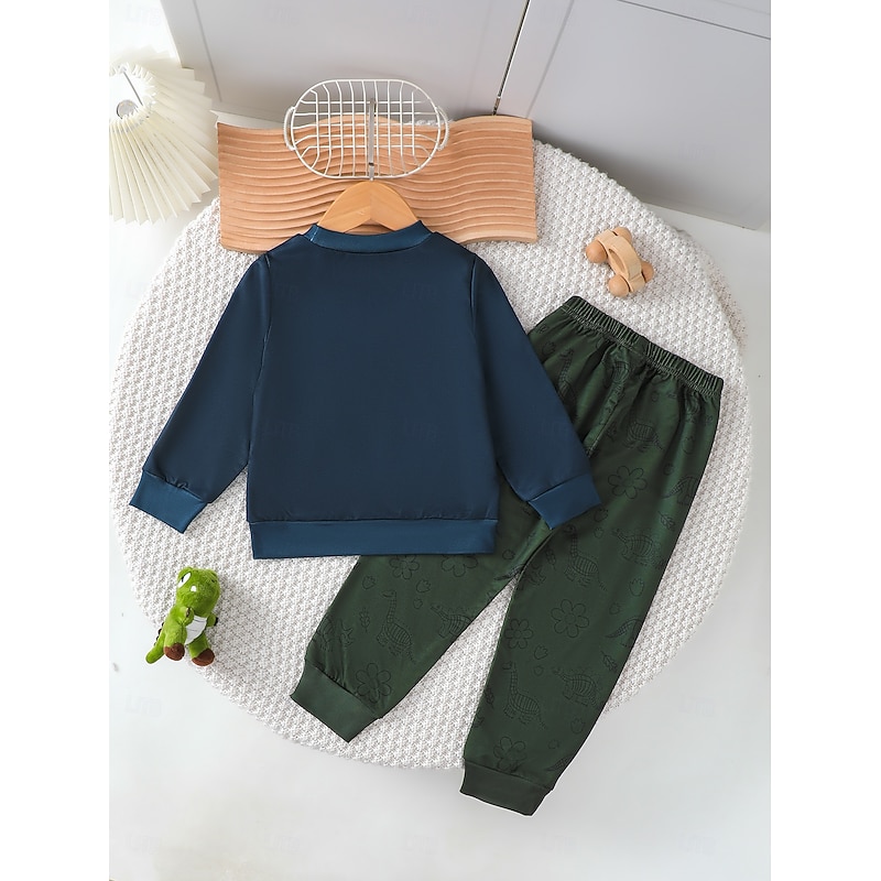 2 Pieces Toddler Boys' T-shirt & Pants Outfit Dinosaur Long Sleeve Crewneck Set School Fashion Daily Fall Winter 4-7 Years Army Green2