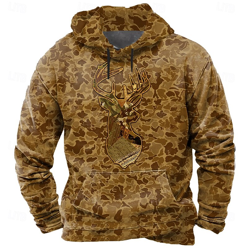 Men's Camo Deer Hoodie Sweatshirt Fashion Classic Crew Neck Outdoor Hunting Purple Brown Drawstring Fall Winter Designer2
