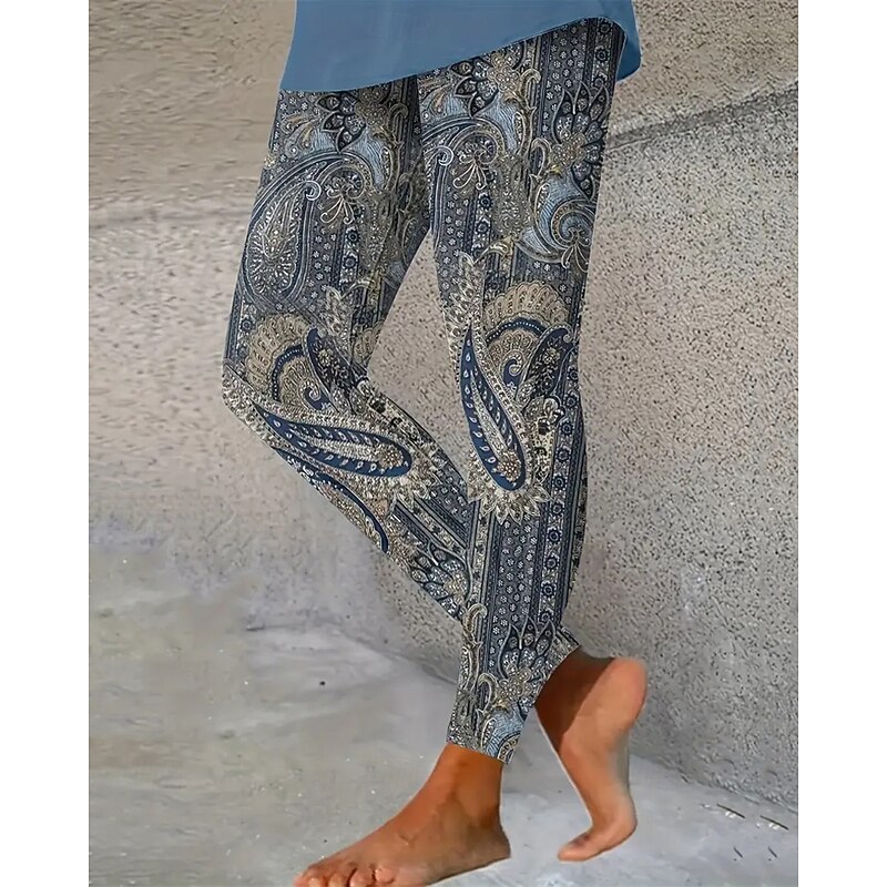 Women's Leggings Cozy Leggings Vacation Casual Full Length High Waist Paisley Printing Thermal Warm Comfortable Stretchy Vacation Casual Daily Deep Blue Fall Winter Slim Fit