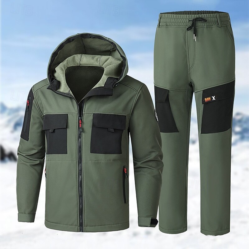 Men's Hiking Jacket Fleece Jacket Puffer Jacket Thermal Set Winter Outdoor Thermal Warm Waterproof Windproof Top Black Green Grey2