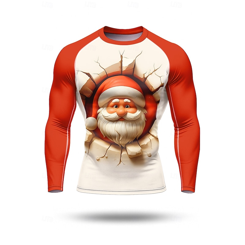 Christmas Men's Compression Shirt Running Shirt Long Sleeve Base Layer Quick Dry Compression Power Flex Moisture Wicking Gym Workout Active Training Exercise Sportswear Activewear White Red