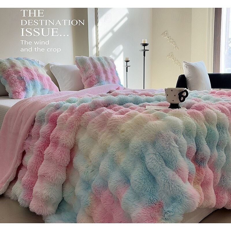 Tuscany Tie-Dye Faux Rabbit Fur Blanket, Double-Layer Thick Plush Throw, Long Pile Fleece Blanket for Office and Home