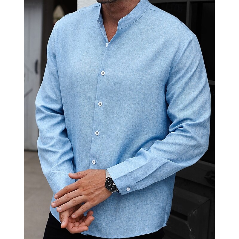 Men's Shirt Summer Shirt Casual Shirt Beach Shirt Button Up Shirt Blue Gray Long Sleeve Plain Band Collar Vacation Hawaiian Clothing Apparel Polyester Fashion Casual Comfortable2