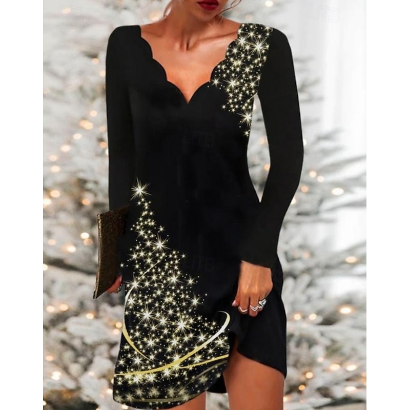 Christmas Women's Mini Dress Casual Dress Elegant Vintage Party Regular Fit Graphic Long Sleeve V Neck Black Red Gold Gray Fall Winter