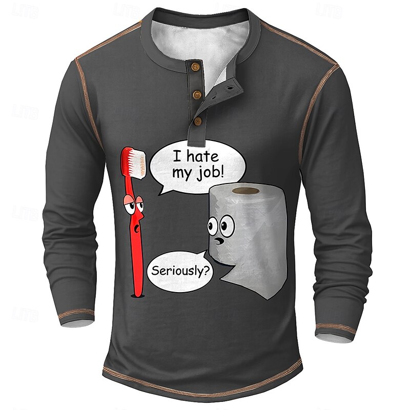 Men's Graphic Funny Henley Shirt Tee Long Sleeve Vintage Fashion Designer Outdoor Casual Daily Spring &  Fall All Seasons Army Green Dark Gray Black Navy Blue Henley Henley T-Shirt