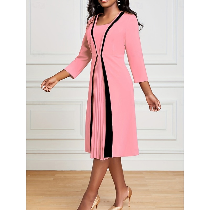 Women's Midi Dress A Line Dress Work Dresses Semi Formal Office Regular Fit Plain 3/4 Length Sleeve Crew Neck Black Pink Red Khaki Spring Fall3