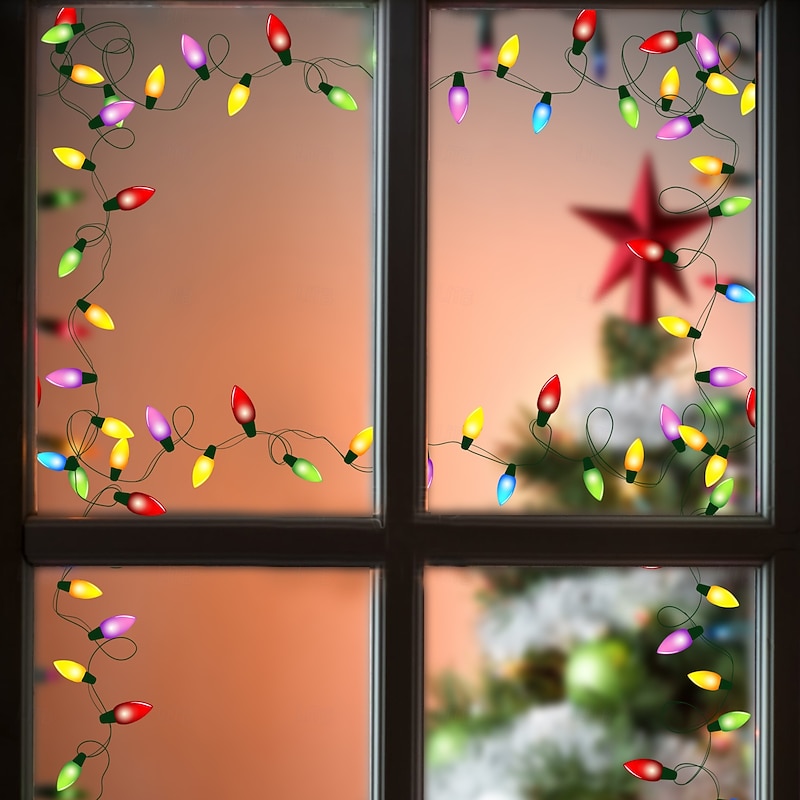 Christmas Sticker Wall Decals Holiday Atmosphere Colorful String Lights Removable Vinyl Mural Bedroom Living Room TV Background Wall Decoration Self Adhesive Home Festival Decor2