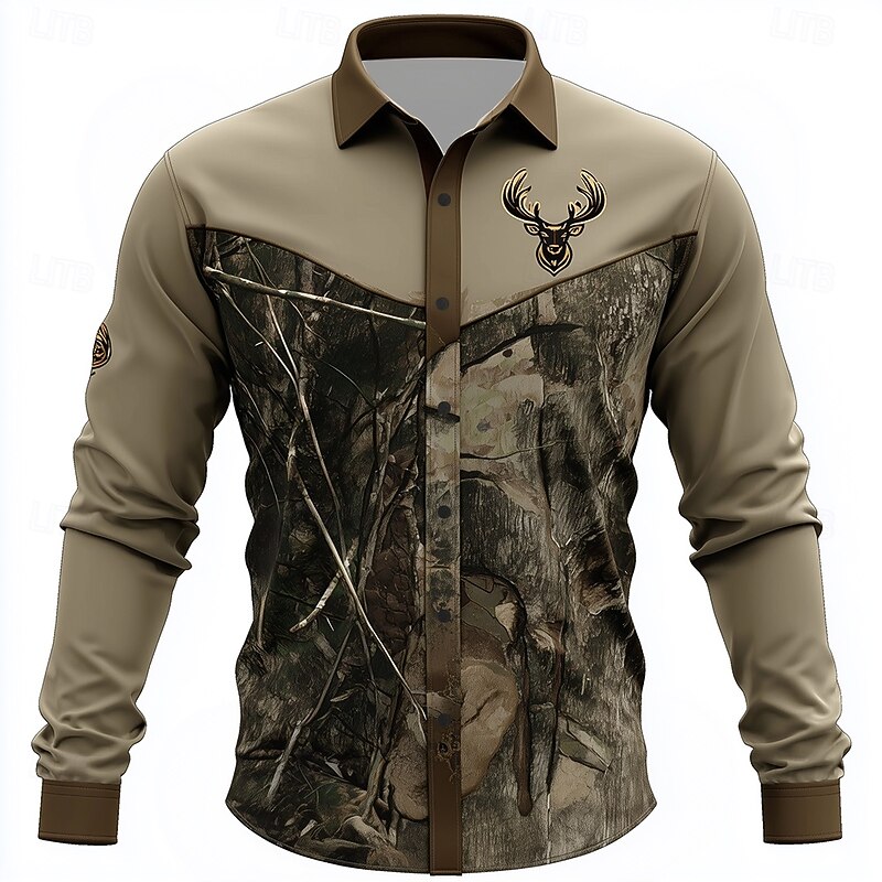 Men's Camo Reindeer Camouflage Shirt Button Up Shirt Long Sleeve Vintage Retro Outdoor Camping & Hiking Hunting Spring Fall Turndown 3D Print Linen Like Shirt Camouflage khaki Khaki2