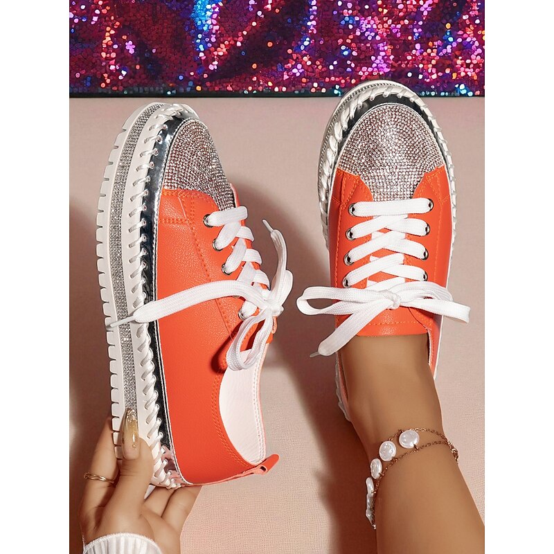Women's Orange Rhinestone Sneakers - Glitter Lace-Up Casual Party Shoes with Chunky Sole for Nightlife and Club Outfits3