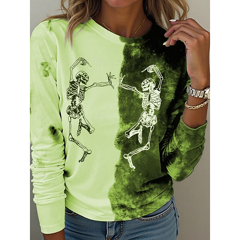 Halloween Women's T Shirt Skulls Graphic Vintage Fashion Casual Long Sleeve Crew Neck Regular Tops Daily Weekend Print Red Blue Purple Green Gray Fall Winter4
