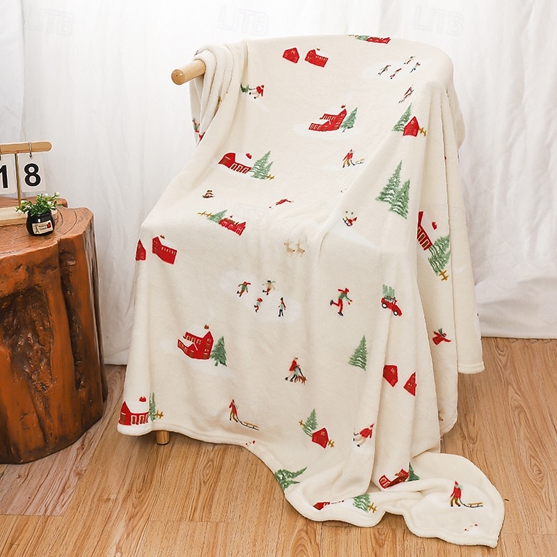 Flannel Throw Blanket, Thickened Christmas Print Warm Air Conditioning Blanket, Cozy Nap Blanket Gift with Gift Box