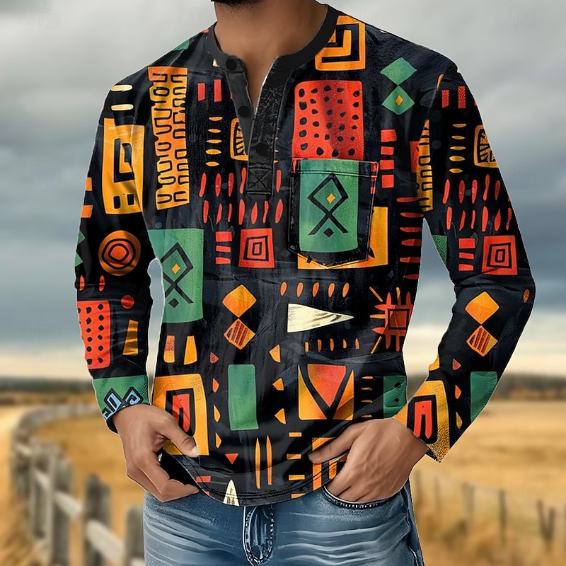 Men's Abstract Henley Shirt T shirt Tee Long Sleeve Retro Vintage Casual Casual Spring Fall All Seasons Blue Green Orange Henley Henley T-Shirt