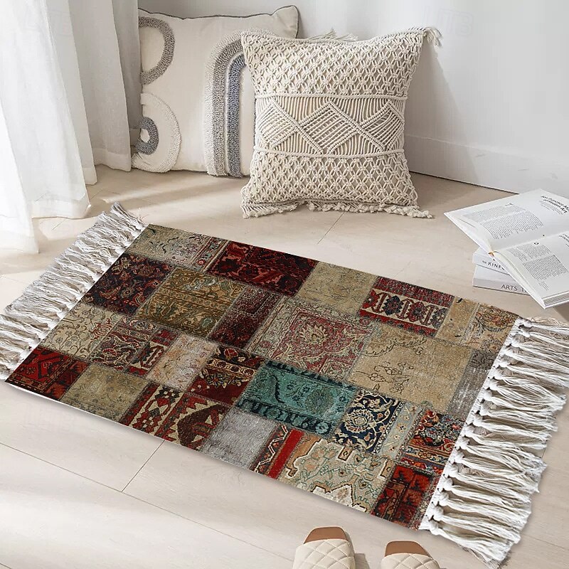 American Vintage Woven Rug Hand Knotted Tassel Floor Mat For Living Room Home Decorative Carpet Coffee Table Patchwork Area Rug Soft Durable Washable Accent Carpet3
