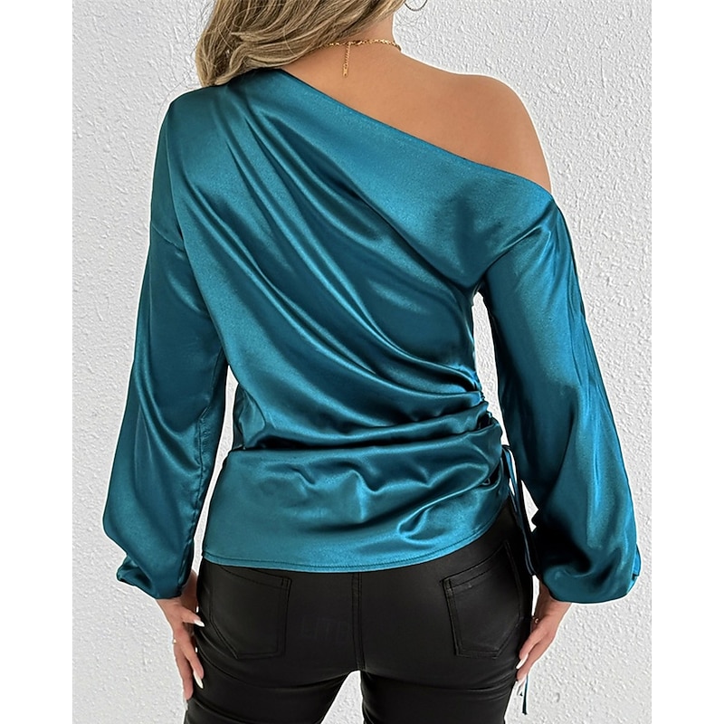 Women's Shirt Elegant Dressy Satin Solid Color Elegant Stylish Basic Long Sleeve Off Shoulder Cold Shoulder Regular Tops Daily Going out Asymmetric Blue Spring Fall2