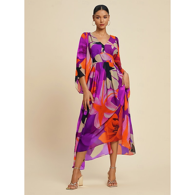 Women's Chiffon Abstract Floral Print Maxi Dress Sheer Flowing Fabric Casual Vacation Beach Resort Spring Summer Fall