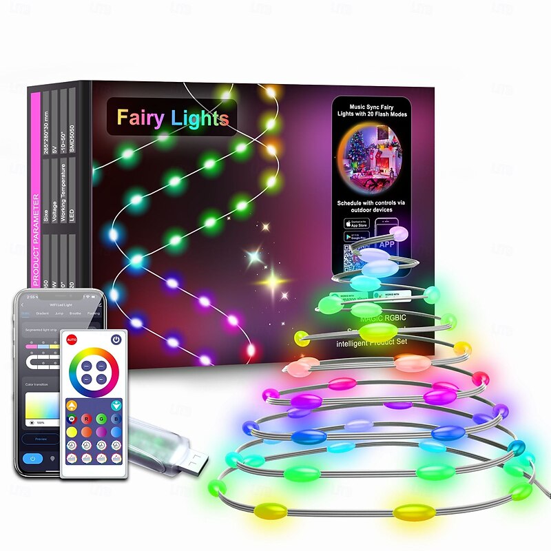 20M/66FT 200 LED BeadsTuya Christmas Halloween Wedding Festival Indoor and Outdoor Courtyard IP68 Waterproof Colorful Light String Bluetooth APP Remote Control Colorful Leather Wire Light String Usb2