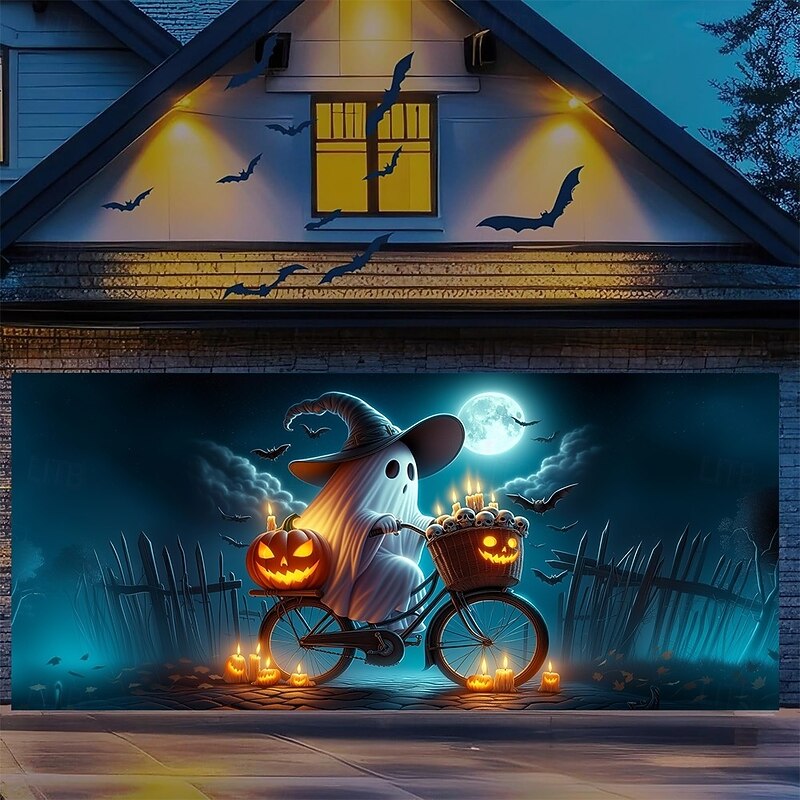 Halloween Garage Door Cover Ghost Pumpkin and Bat Banner Haunted House Horror Scene Spooky Backdrop Tapestry for Outdoor Wall Fence Yard Halloween Party Decoration4