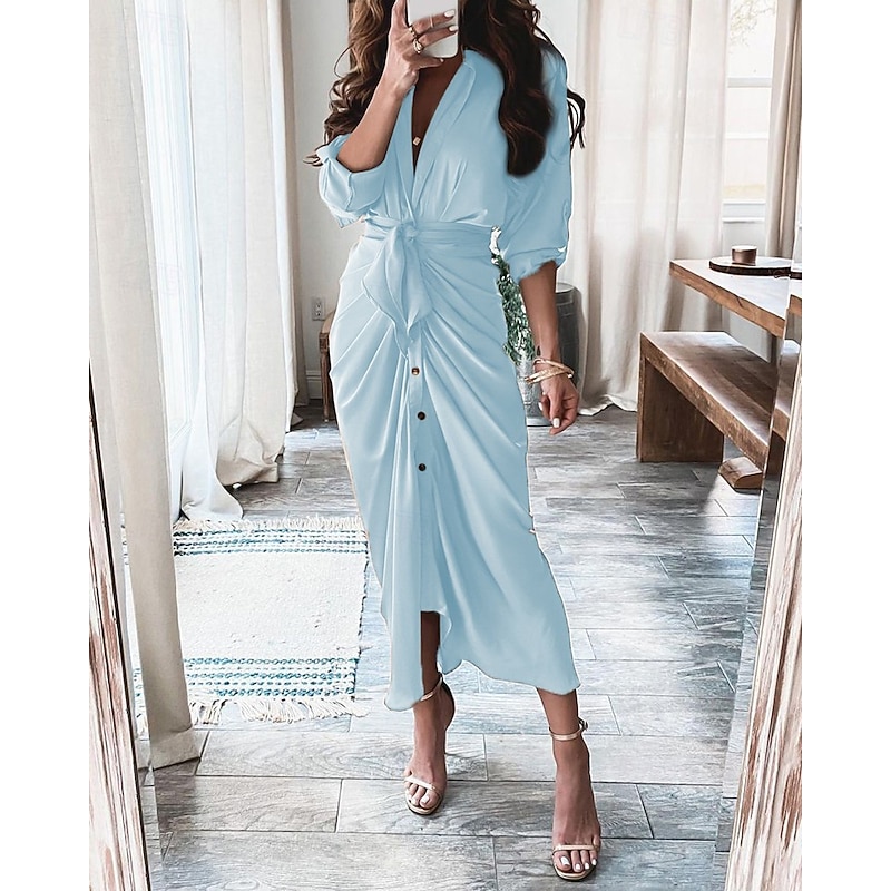 Women's Midi Dress Sheath Dress Chiffon Dress Fashion Modern Outdoor Holiday Going out Regular Fit Plain Long Sleeve V Neck White Yellow Khaki Light Blue Spring Fall4