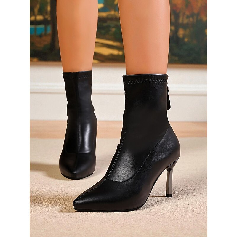 Women's Black Faux Leather Ankle Boots with Pointed Toe and Stiletto Heel – Elegant Slim Fit Short Boots for Ladies, Perfect for Christmas Parties, Evening Events & Formal Outfits2