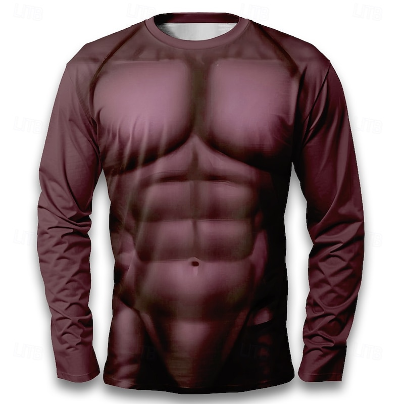 Halloween Men's Muscle Simulation Costume T Shirt Long Sleeve T shirt 3D Print Crew Neck Shirt Fashion Exaggerated Street Casual Daily Burgundy Green Gray Summer Spring Fall Clothing Apparel S M L XL3
