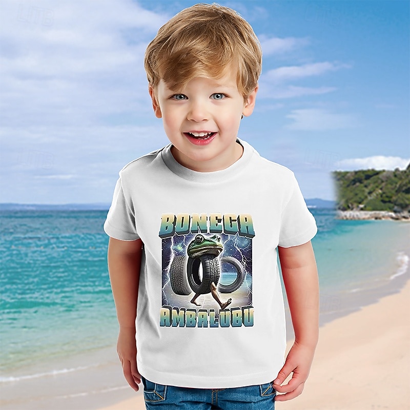 5pcs Boys' Summer Short Sleeve T-Shirts  Casual Round Neck Tops in Assorted Colors Playful Graphic Tee Design Comfortable Fit Shirt - Crocodile Cappuccino Tral Shark Dong Dong Coconut Elephant