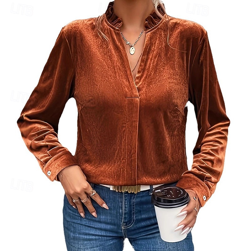 Women's Shirt Blouse Plain Stylish Business Long Sleeve V Neck Regular Tops Work Daily Holiday Ruched Ruffle Camel Spring Fall2