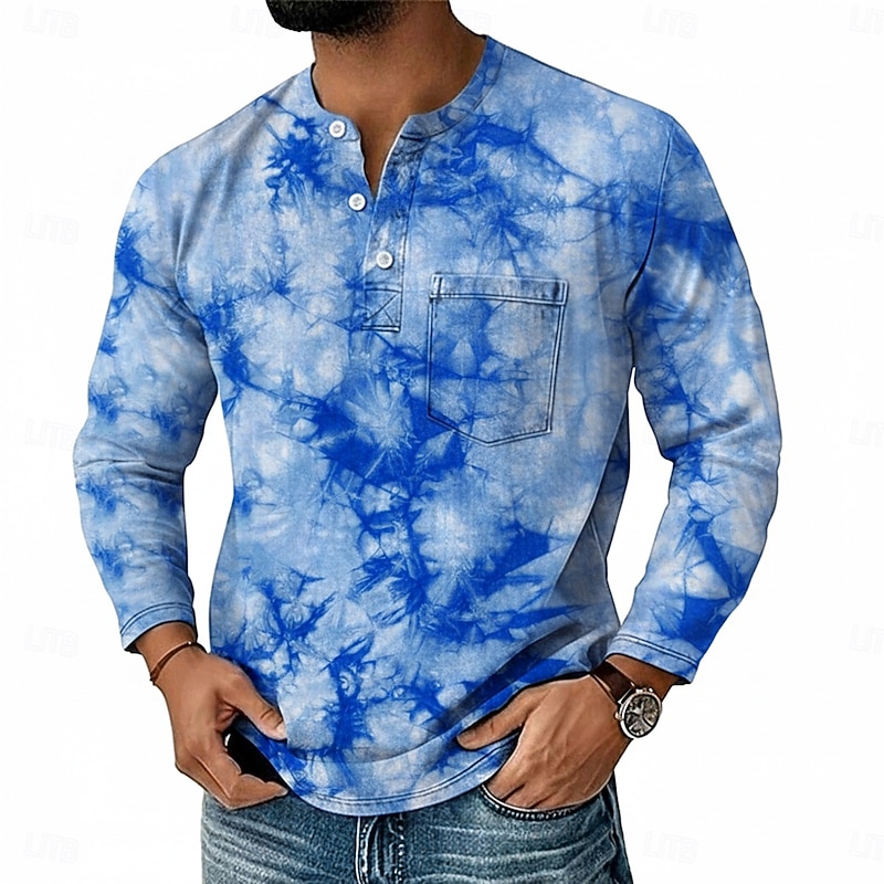 Men's Henley Shirt Tee Henley Top Long Sleeve Tie Dye Fashion Designer Casual Tie Dye Color Block Buttons Henley Outdoor Casual Daily All Seasons Pink Navy Blue Blue Henley T-Shirt4