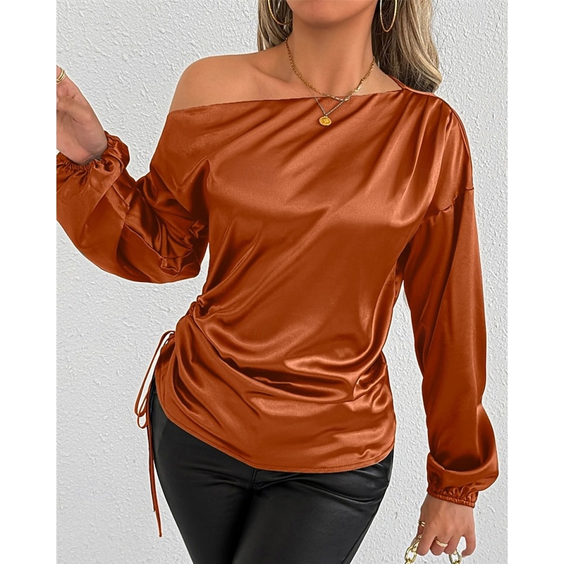 Women's Shirt Elegant Dressy Satin Solid Color Stylish Casual Long Sleeve Cold Shoulder Regular Tops Daily Going out Asymmetric Yellow Brown Spring Fall3