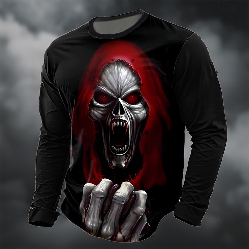 Halloween Men's Grim Reaper 3D T Shirt Long Sleeve T shirt 3D Print Crew Neck Shirt Fashion Exaggerated Street Casual Daily Red Green Summer Spring Fall Clothing Apparel S M L XL XXL XXXL