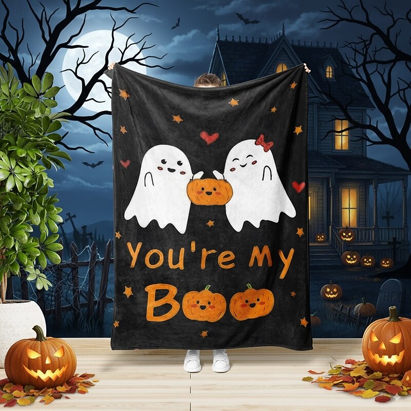 Halloween Ghost Cartoon Flannel Blanket - Reversible All-Season Knitted Throw, Digital Print Multipurpose Cozy Bedding, 100% Polyester,  Ideal for Christmas Valentine'S Gift2