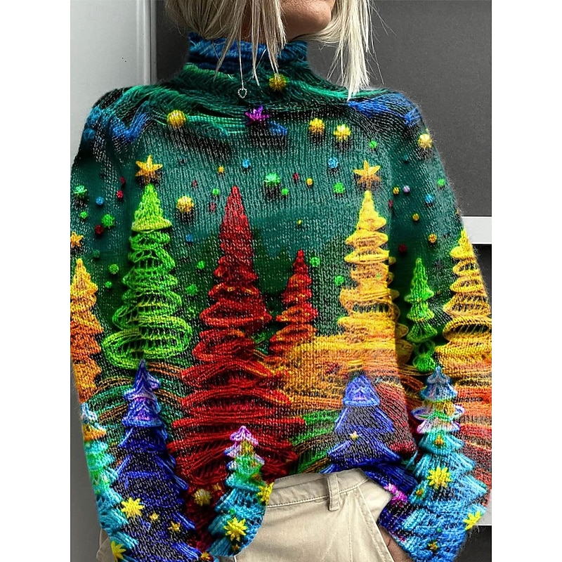 Women's Sweater Elegant Fashion Streetwear Graphic Tree Turtleneck Knitted Long Sleeve Regular Tops Knit Work Going out Black Red Fall Winter