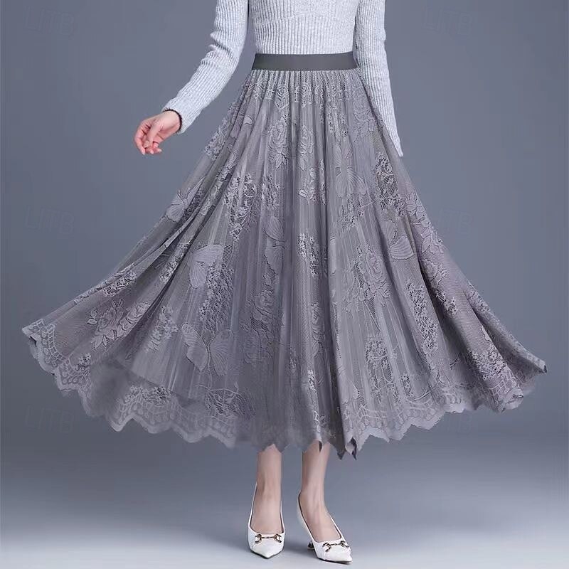 Women's Skirt A Line Elegant Fashion Casual Maxi High Waist Skirts Plain Lace Patchwork Stretchy Street Daily Black And White Black Coffee Gray Spring Polyester