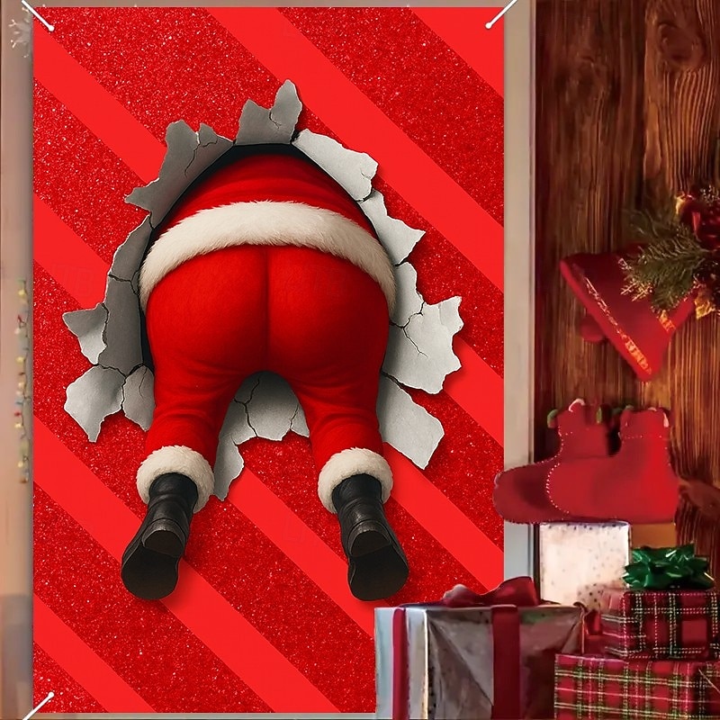 Christmas Santa Claus Butt Funny Curtain,2025 Xmas Novelty Window Curtain Door Cover for Holiday Party Decor, Indoor Outdoor Front Door Hanging Tapestry