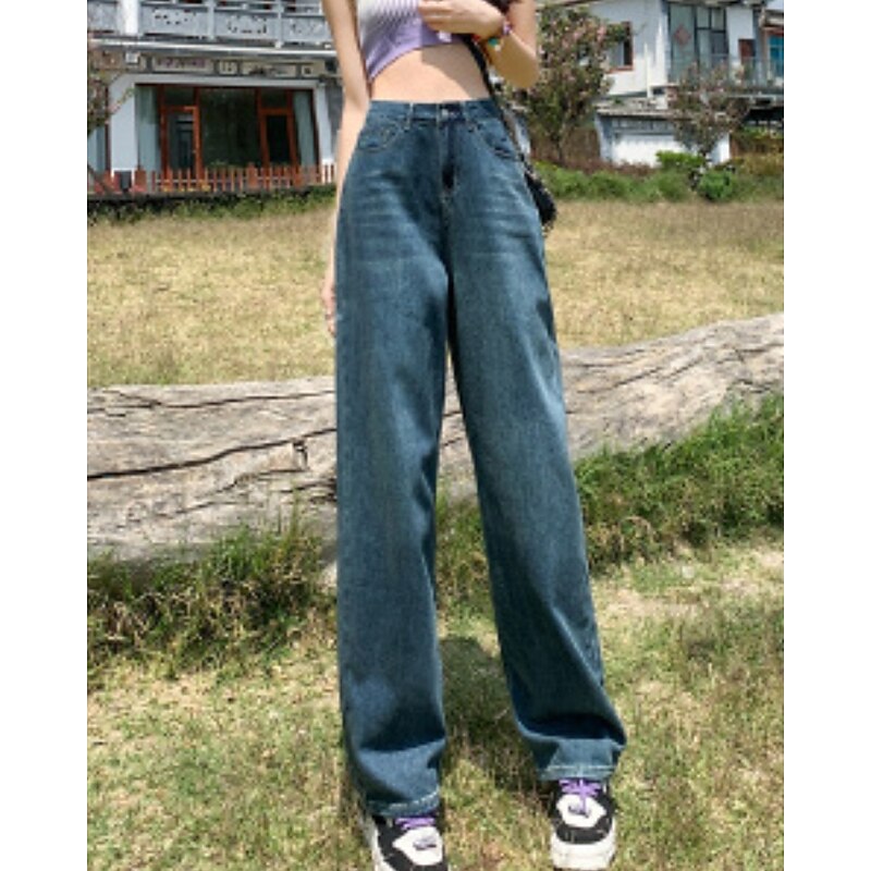 Women's Jeans Wide Leg Chinos Vacation Vintage Streetwear Full Length Medium Waist Plain Pocket Elastic Waist Warm Inelastic Micro-elastic Outdoor Vacation Street Deep Blue Light Blue Summer Spring2