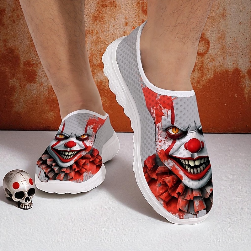 Men's Slip-On Sneakers with Creepy Clown Face Print, Horror Style Casual Shoes for Halloween Costume and Walking